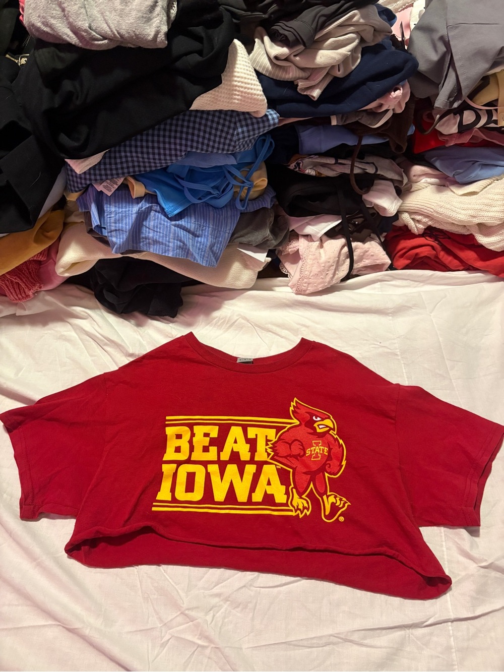 Gildan Red Crop T‑Shirt with Yellow 'Beat Iowa' Graphic